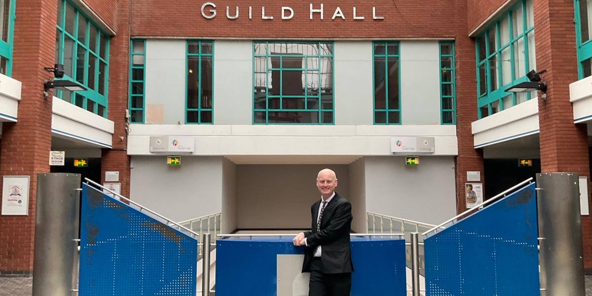 Councillor Mathew Brown inside the Guild Hall lobby